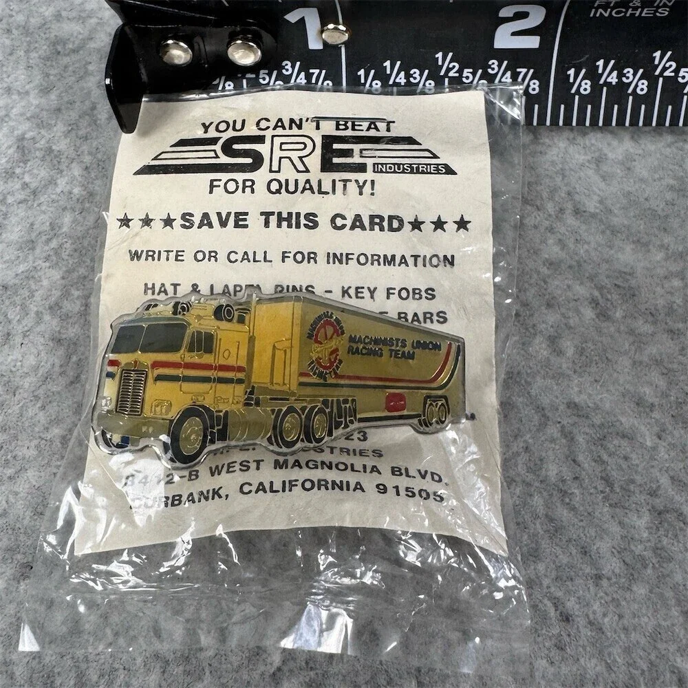 Vintage SRE Industries Enamel Lapel Pin Semi Truck Machinists Union Racing Team